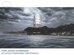 Bild zeigt Hochhaus an einem Strand mit Bäumen und Gewitter