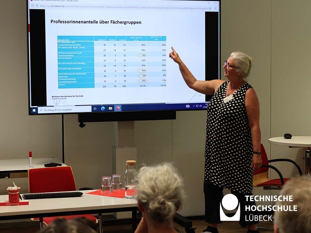 Präsentation der Berliner Gleichstellungsbeauftragtem Frau steht vor einem Bildschirm und zeigt auf eine Grafik