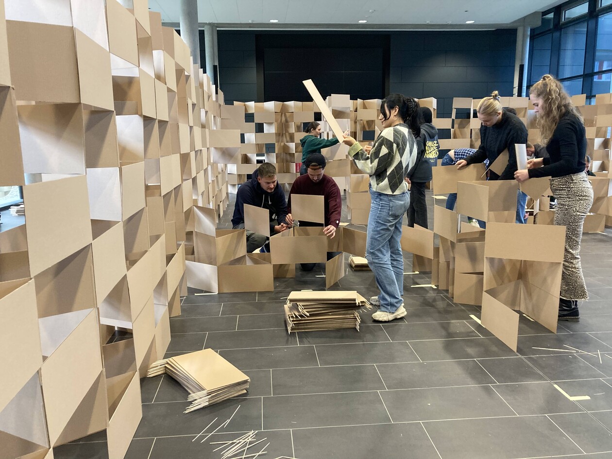 Studierende errichten eine große, labyrinthartige Wandstruktur aus Pappteilen.