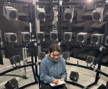 Studentin im Studiengang Hörakustik führt einen Hörversuch in einem sphärischen Lautsprecher-Array im reflexionsarmen Raum der TH Lübeck durch.