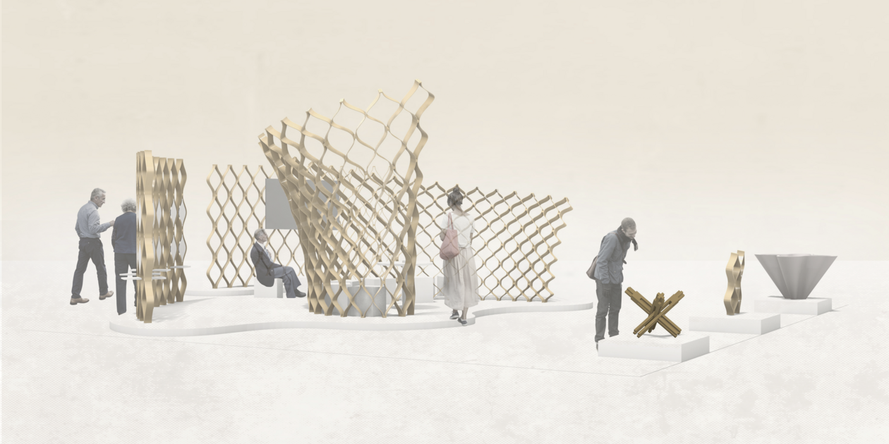 Digitales Konzeptpavillon Visualisierung eines Ausstellungsbereichs mit geschwungenen Holzelementen, Sitzgelegenheiten und Besuchern.