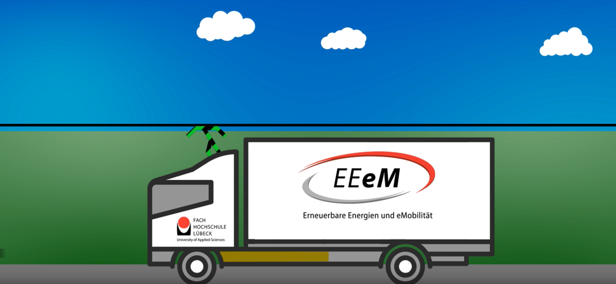 Flächige, stilisierte Illustration eines elektrisch angetriebenen Lastkraftwagens vor einem einfachen Hintergrund.