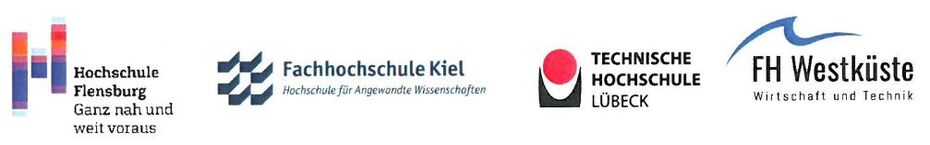 Die Logos der vier schleswig-holsteinischen Hochschulen: Hochschule Flensburg, Fachhochschule Kiel, Technische Hochschule Lübeck und FH Westküste