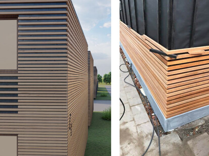 Gewinnerentwurf wird für die Nordbau umgesetzt Bild zeigt ein computergenerierte Holzfassade und ein echtes Bild von der gleichen Holzfassade