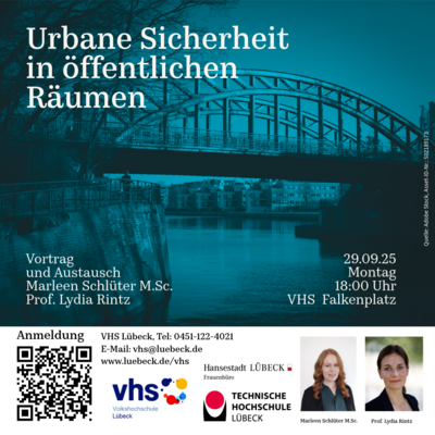 Sie sehen ein Veranstaltungsplakat mit zwei Portraitaufnahmen der Speakerinnen, sowie die Logos der VHS und TH Lübeck