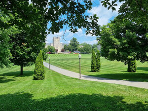 Auf dem Foto sieht man viel grünen Rasen, as Drillfield auf dem Campus der Virginia Tech