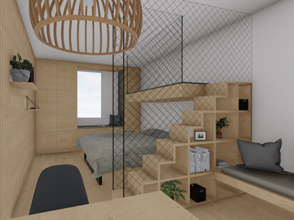 Gewinnerentwurf wird für die Nordbau umgesetzt Bild zeigt computergenerierte Innenansicht des Hauses mit Bett und Sitzgelegenheiten