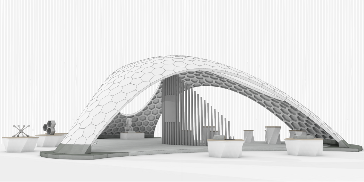 Konzept Pavillon aus Betonplatten Architektonische Visualisierung eines Pavillons mit gewölbter, hexagonal strukturierter Dachkonstruktion und mehreren Ausstellungstischen.