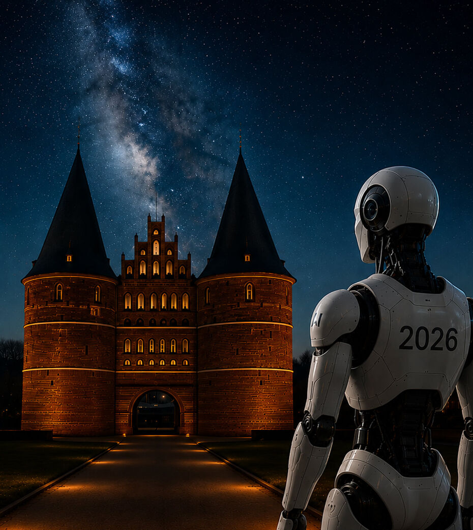 KI-Roboter „AI 2026" von hinten betrachtet das illuminierte Holstentor Lübeck bei Nacht unter der Milchstraße