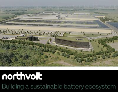 Eine CAD-Grafik. Man sieht von oben die in Schlweswig-Holstein entstehende northvolt-Fabrik. Im Hintergrund ist ein großer Windpark zu sehen.