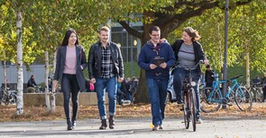 Vier Menschen laufen auf die Kamera zu, einer sitzt auf dem Fahrrad.