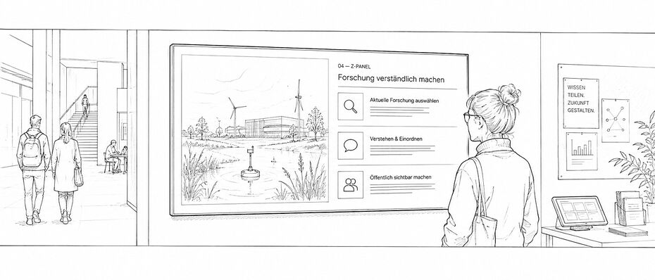 Strichzeichnung einer Person vor einem digitalen Z-Panel