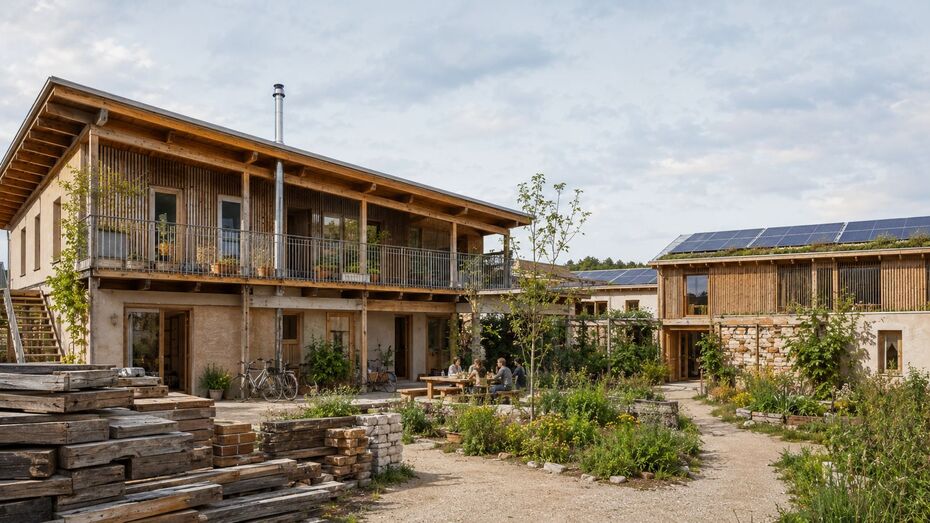 Nachhaltiges Holzgebäude mit begrüntem Innenhof und Solardächern