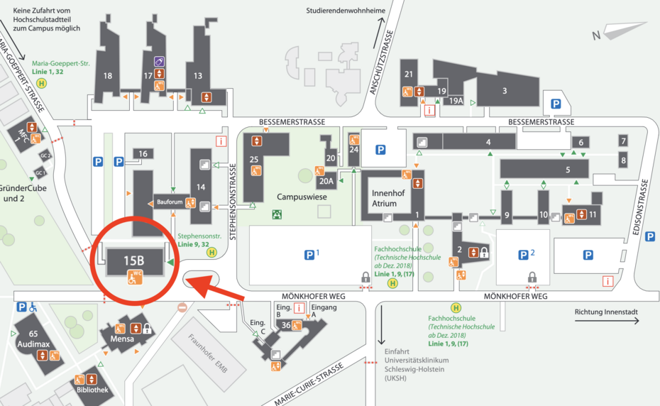 Campusplan mit Fokus auf das Gremienhaus (Gebäude 15b)