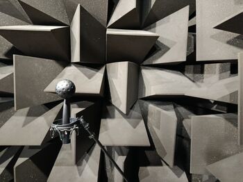 Messmikrofon auf einem Stativ vor den Absorber-Keilen im schalltoten Raum (reflexionsarmer Raum) der TH Lübeck.