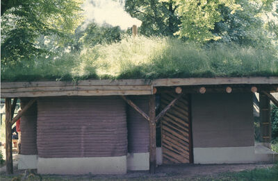 Ökologisches Lehmhaus mit grasbewachsenem Gründach und Schornstein.