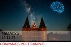 Ki-generiert: Das Lübecker Holstentor vor einem Sternenhimmel. Ein Feuerwerk in Form eines Gehirns am Himmel.