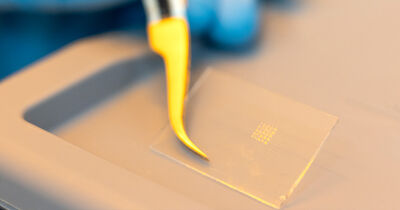 Zu sehen ist ein fertiges optisches Element auf einem Glasträger. 