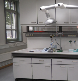 Foto zeigt Laborschränke und Lampe