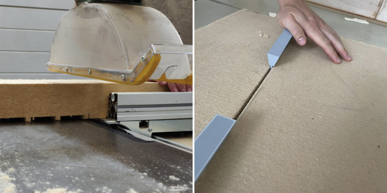 External Thermal Insulation Composite System Säge und auf dem zweiten Ausschnitt Abstandshalter im Holz