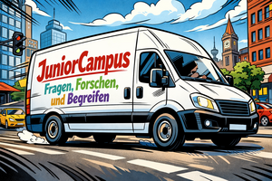 Ein Transporter, der durch eine Stadt fährt. Der Transporter ist groß im Vordergrund zu sehen. Auf der Seitenwand des Transporters steht als Schriftzug "JuniorCampus", und darunter "Fragen, Forschen, und Begreifen"