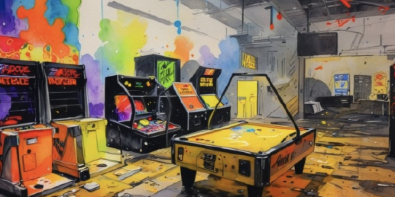 Team The Nexus Konzept von einer Spielhalle mit Airhockeytisch und Videospielautomaten