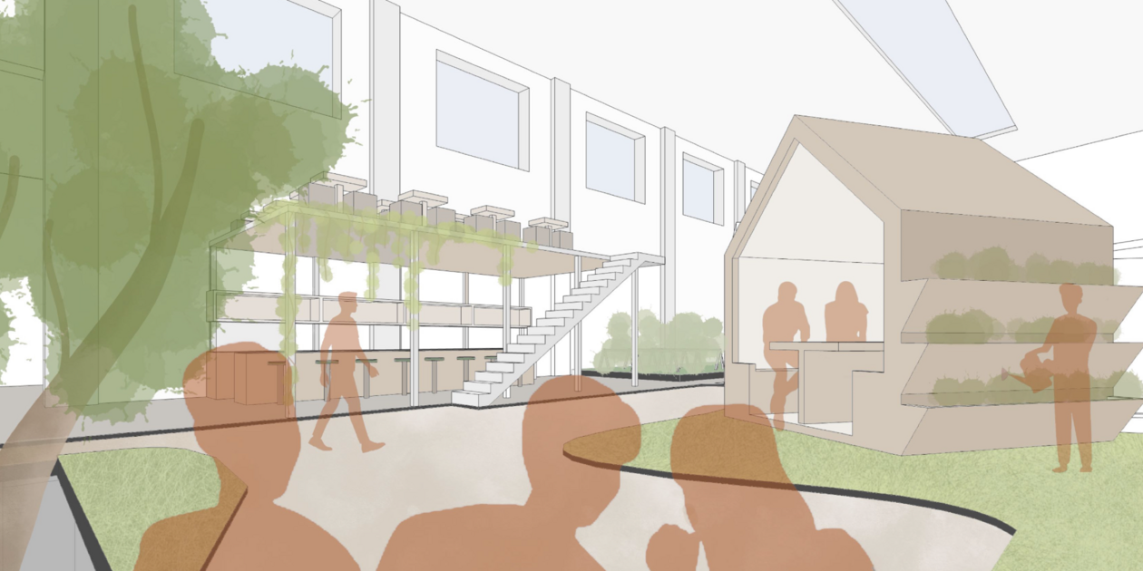 Team Grow Work. Innenansicht einer Halle mit viel grün und einem kleinen Haus