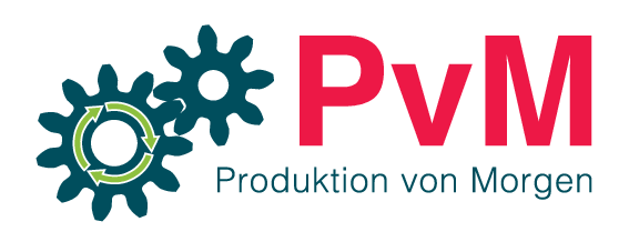 Logo "PvM" Produktion von Morgen mit zwei Zahnrädern die ineinander greifen.