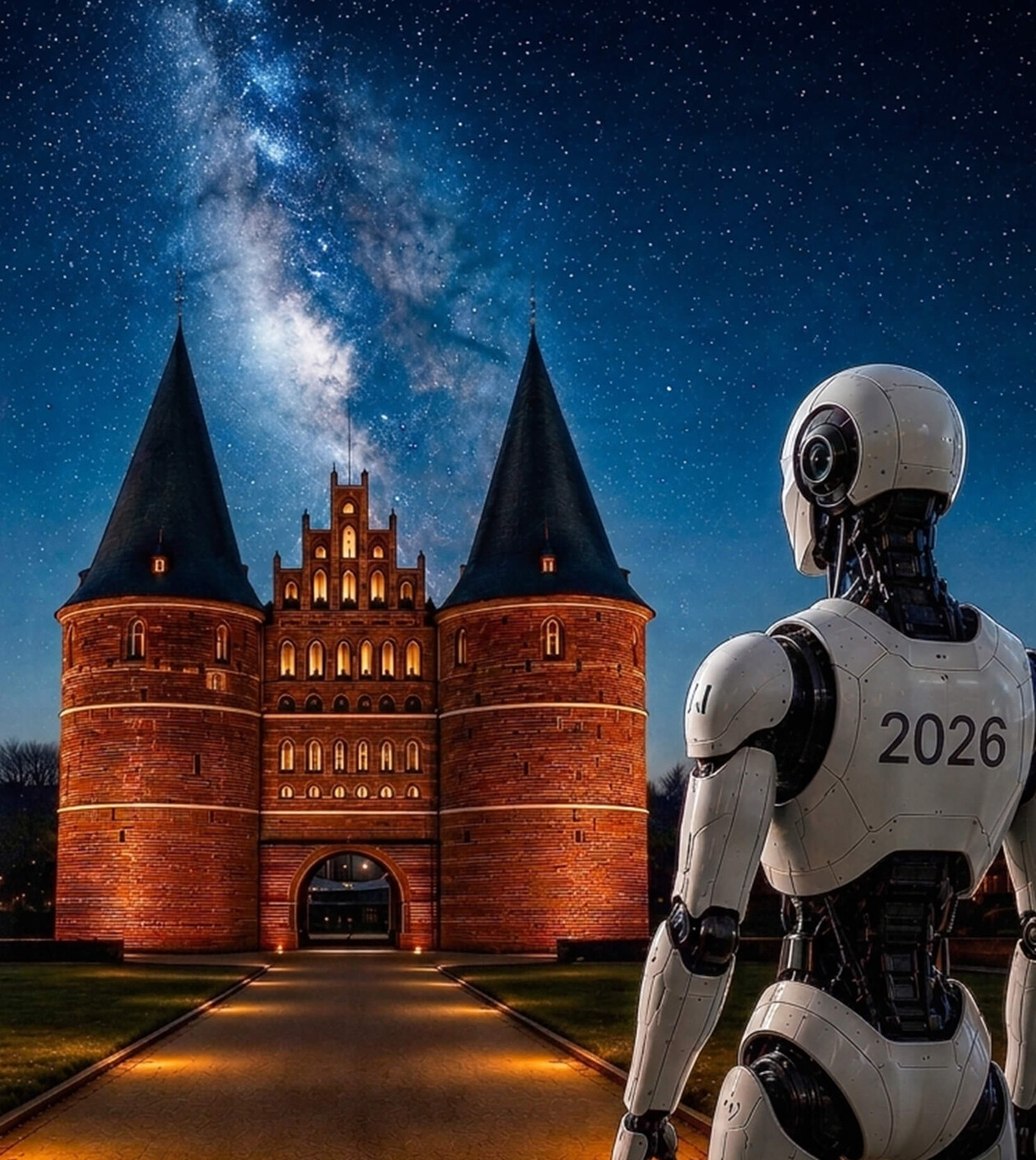 KI-Roboter „AI 2026" von hinten betrachtet das illuminierte Holstentor Lübeck bei Nacht unter der Milchstraße