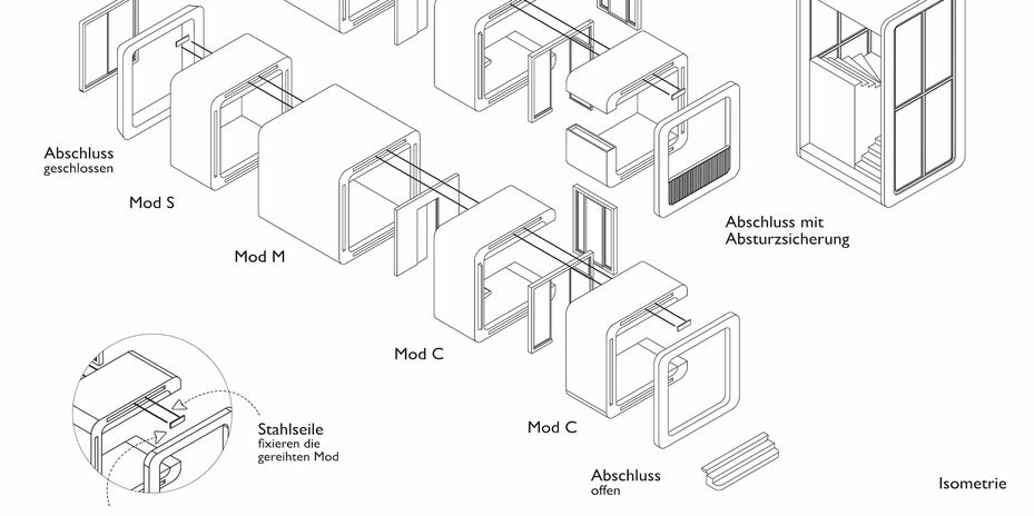 Modular System ModMølle by Students Lucie Barzen & Lea Krause, exemplary result from the WOHN Design Contest Isometrie Modulsystem