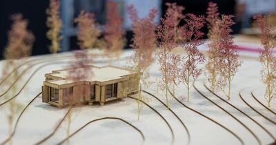 ein Modell aus Holz mit einem Haus in der Mitte und Bäumen drumherum.