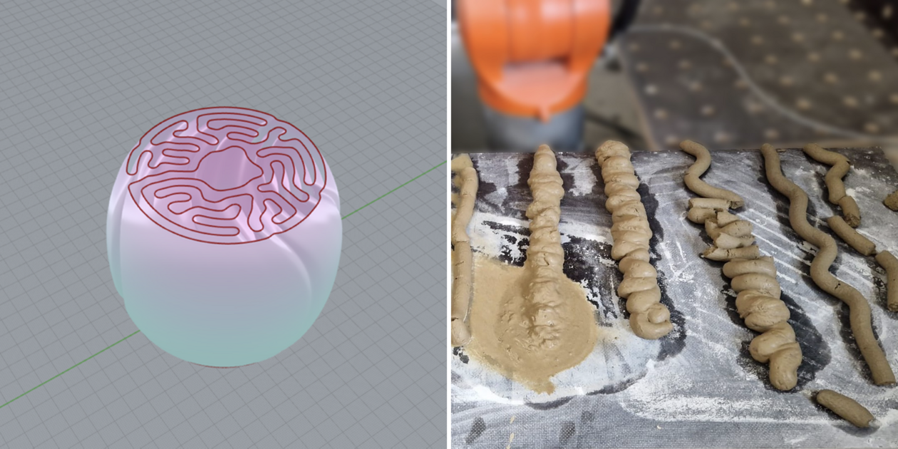 3D Druck mit Lehm und Seegras 3D Modell an und gedruckte Lehmwürste