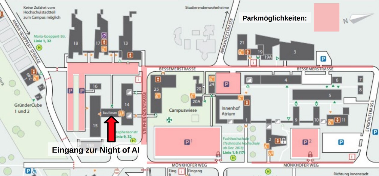 Ein Ausschnitt des Campusplans der Hochschule. Hier sind die Parkmöglichkeiten und der Eingang zur Night of AI, im BauForum, markiert.