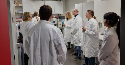 Auf dem Bild sind sieben Personen in einem Labor in weißen Kitteln zu sehen