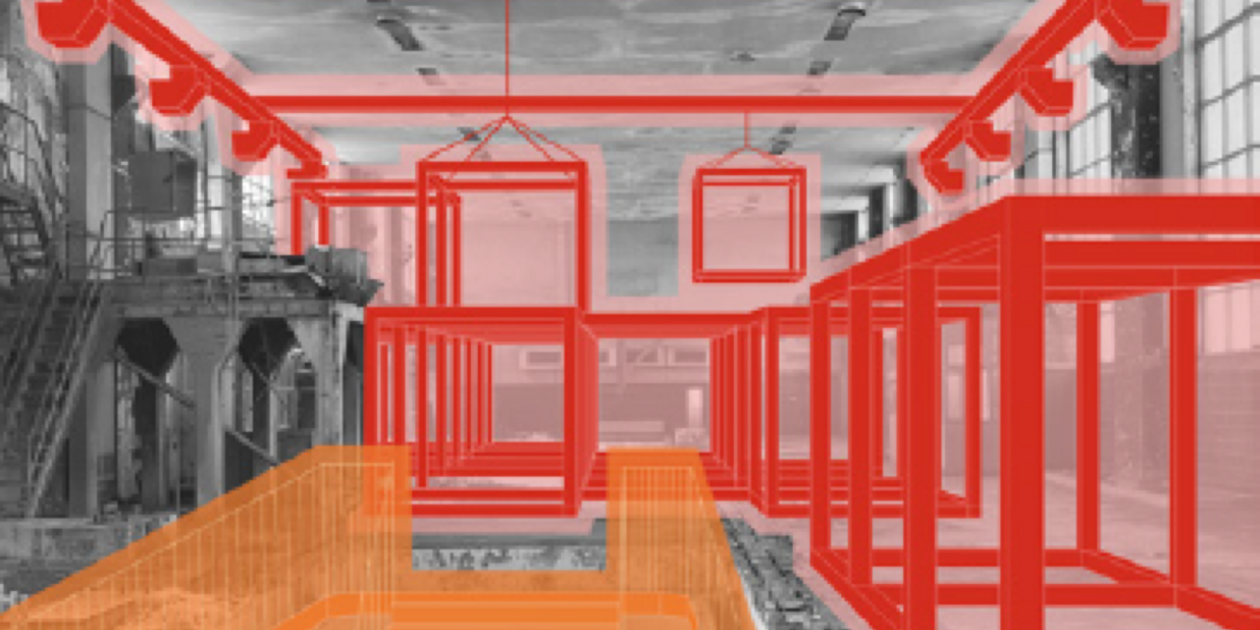 Team Havnekontor / Office Harbor Konzeptansicht Innenraum Halle mit roten und orangen Linien