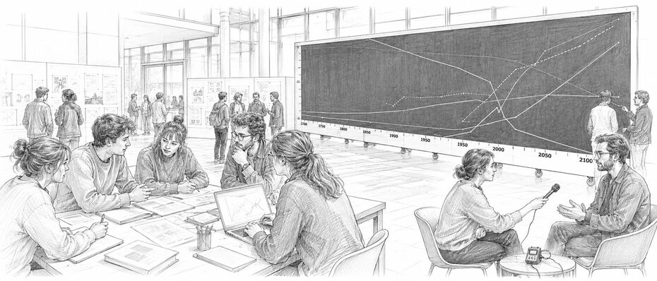 Studierende bei einer Präsentation zwischen Stellwänden mit Arbeitsergebnissen