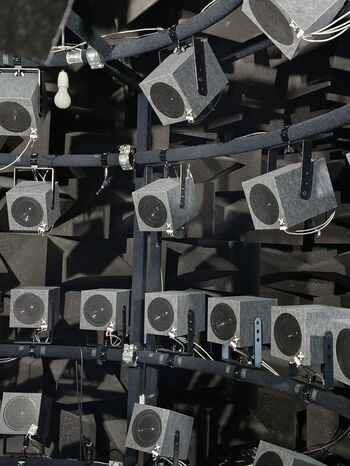 Sphärisches Multikanal-Lautsprechersystem mit 65 Lautsprechern im reflexionsarmen Raum der TH Lübeck für akustische Freifeldmessungen.