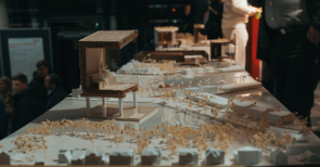 Detailliertes Architekturmodell eines Gebäudes mit Bäumen auf einem Tisch.