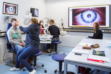 Bild zeigt zwei Personen die Augen von zwei Personen untersuchen