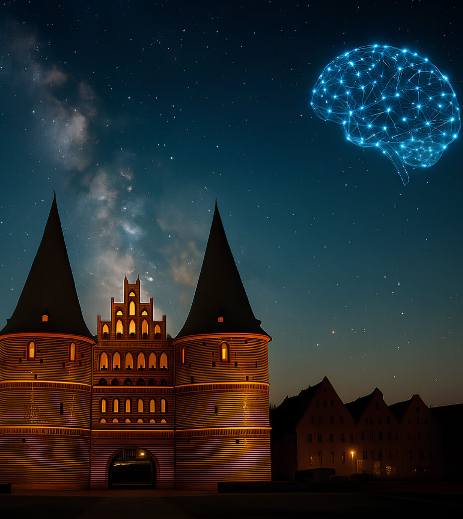 KI-Bild: Lübecker Holstentor vor einem Nachthimmel. Im Hintergrund Feuerwerk in Form eines Gehirns