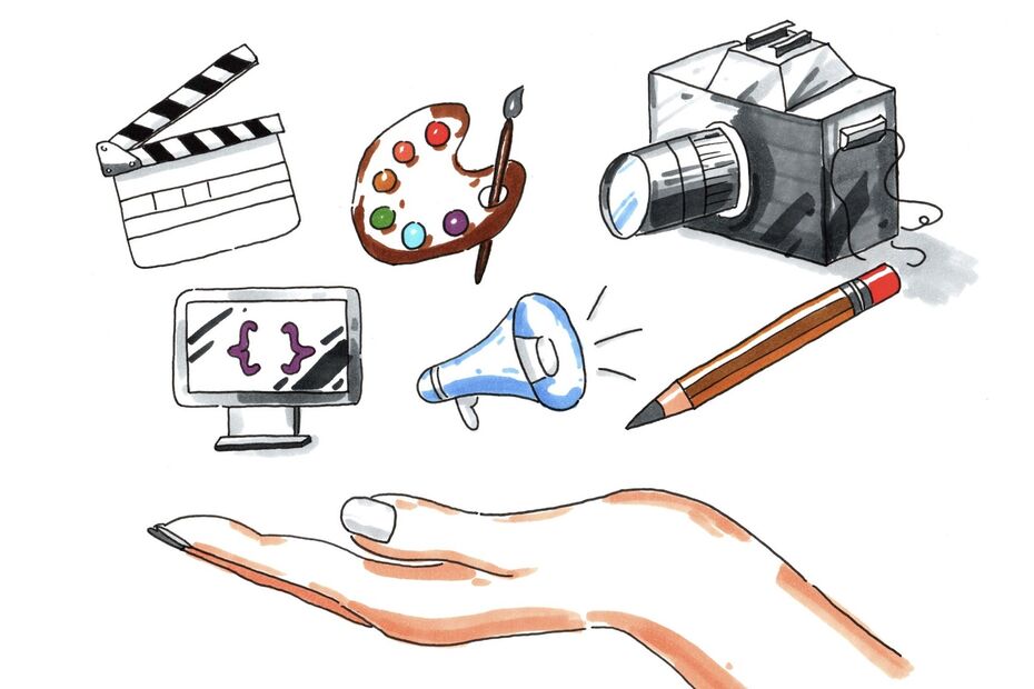 Grafiken von einer Filmklappe, einer Kunstpalette, einem Bildschirm mit Code, einem Megafon, einer Kamera, einem Stift und alle schweben über einer Hand. Alles zusammen sind die Inhalte von ITD