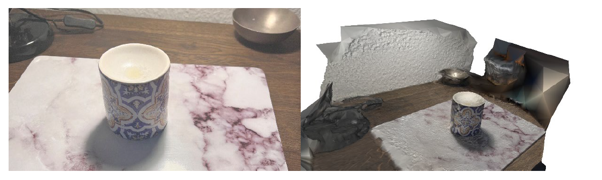 Zweigeteiltes Bild. Links reale Tasse und rechts gleiche Tasse bloß 3D gescannt.