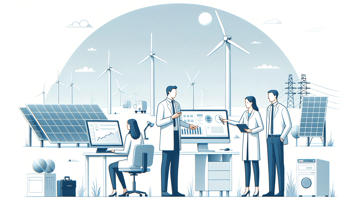Illustration of scientists working on computers and analyzing data in front of a backdrop of wind turbines and solar panels.