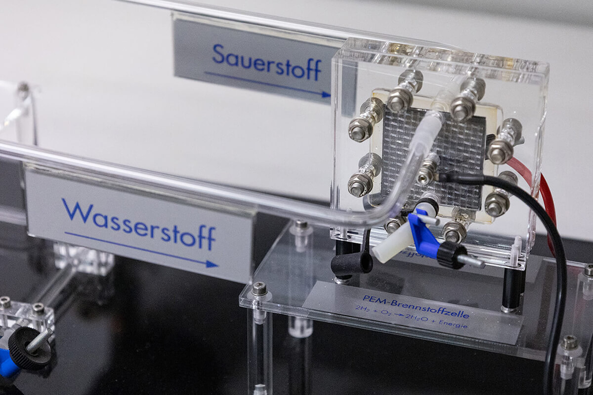 An experimental setup of a fuel cell. Two signs with the German labels "Wasserstoff" (Hydrogen) and "Sauerstoff" (Oxygen) indicate the flow of gases into the transparent cell.