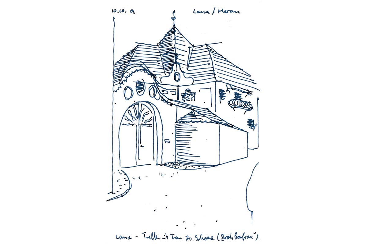 Skizze eines historischen Gebäudes mit Torbogen in Lana/Meran.