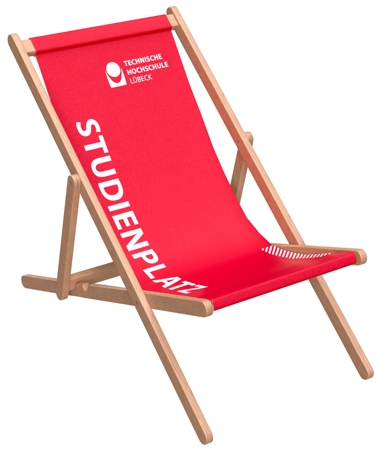 Ein roter Liegestuhl mit TH-Logo und dem Beschriftung: Studienplatz