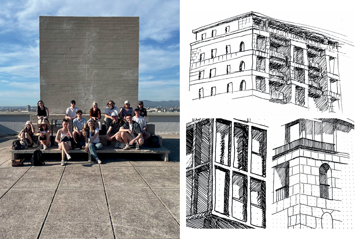 Studierende der TH Lübeck bei einer Exkursion in Marseille – Gruppenfoto vor moderner Architektur und Skizzen historischer Gebäude
